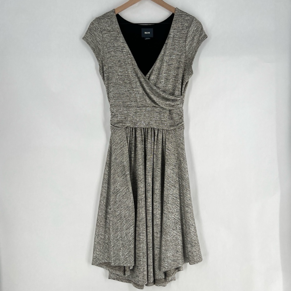 Anthropologie Maeve Tamera Metallic Silver‎ Surplice Faux Wrap Midi Dress Size S